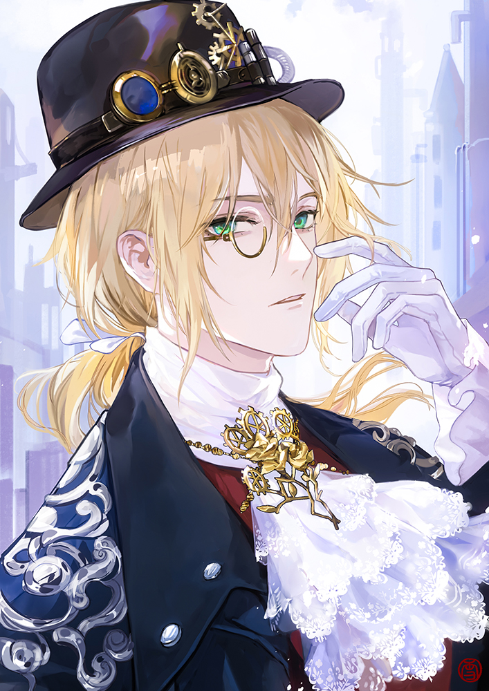 1boy, alkaid_mcgrath, alkaid_mcgrath_(mist_city), ascot, black_hat, black_jacket, blonde_hair, bowler_hat