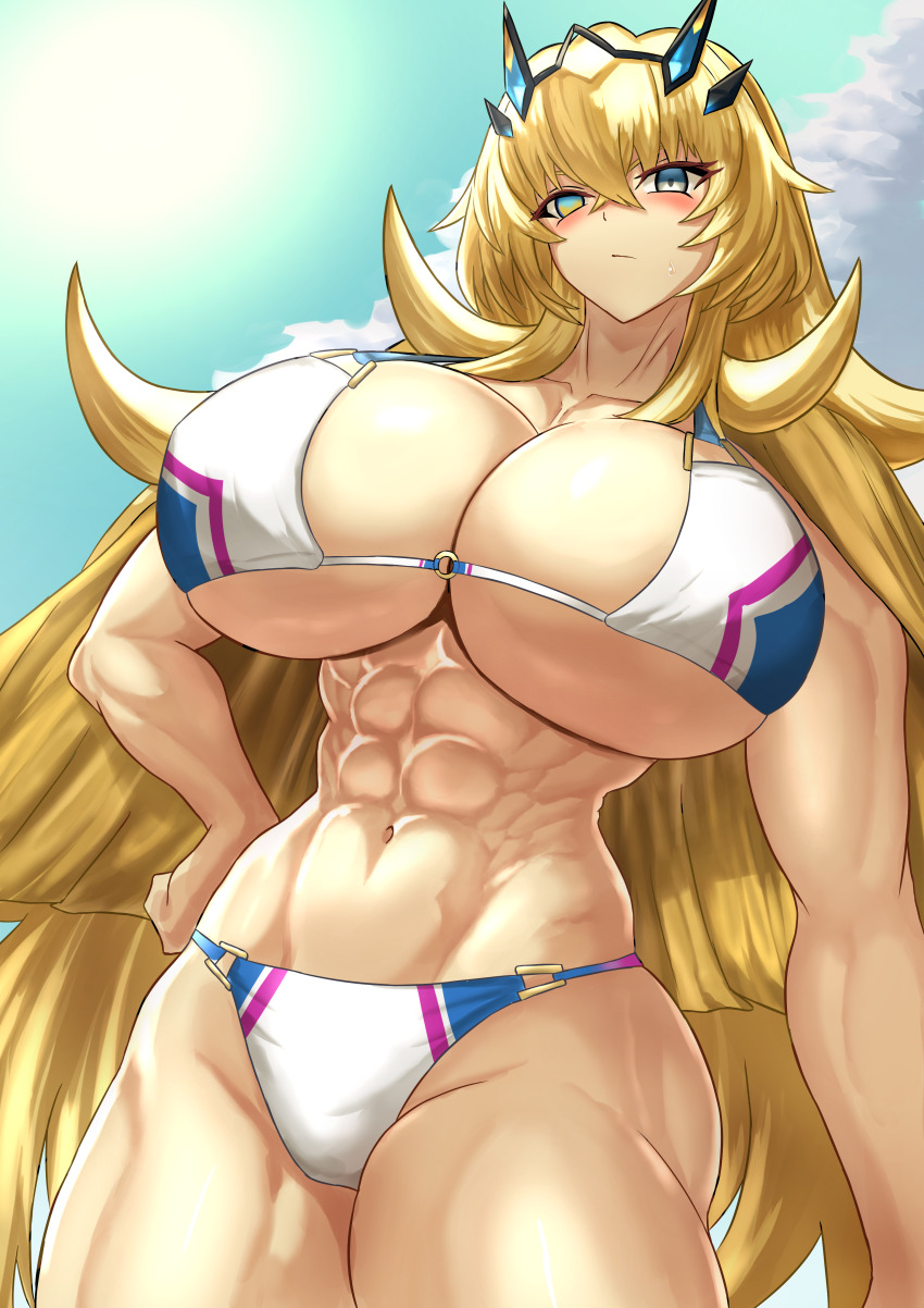 1girl, abs, absurdres, barghest_(fate), barghest_(swimsuit_archer)_(final_ascension)_(fate), biceps, big_hair, bikini, breasts, cropped_legs, fate/grand_order, fate_(series), hair_between_eyes, hand_on_own_hip, highres, huge_breasts, kiteno_kiten, long_hair, multicolored_bikini, muscular, muscular_female, muscular_legs, o-ring, o-ring_bikini, sky, solo, standing, swimsuit, thick_thighs, thighs, very_long_hair, white_bikini