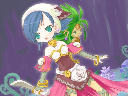 blue_eyes, blue_hair, bracelet, children_of_mana, dryad_(seiken_densetsu), green_hair, jewelry, lots_of_jewelry