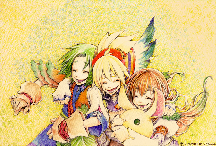 blonde_hair, brown_hair, dawn_of_mana, eldy, feathers, gloves, green_hair, keldric