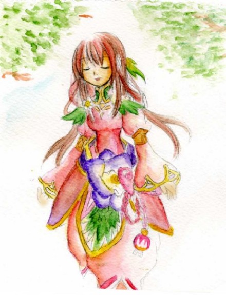1girl, brown_hair, dawn_of_mana, leaf, ritzia, seiken_densetsu, seiken_densetsu_4, tree