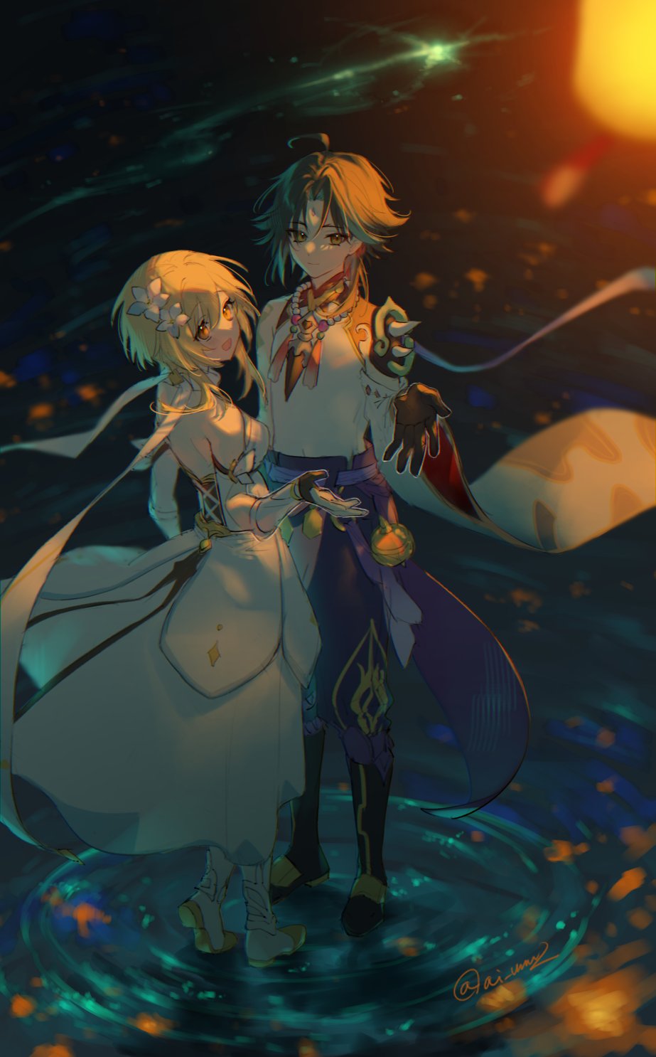 1boy, 1girl, ahoge, akasaki_aimu, aqua_hair, arm_armor, arm_tattoo, armor