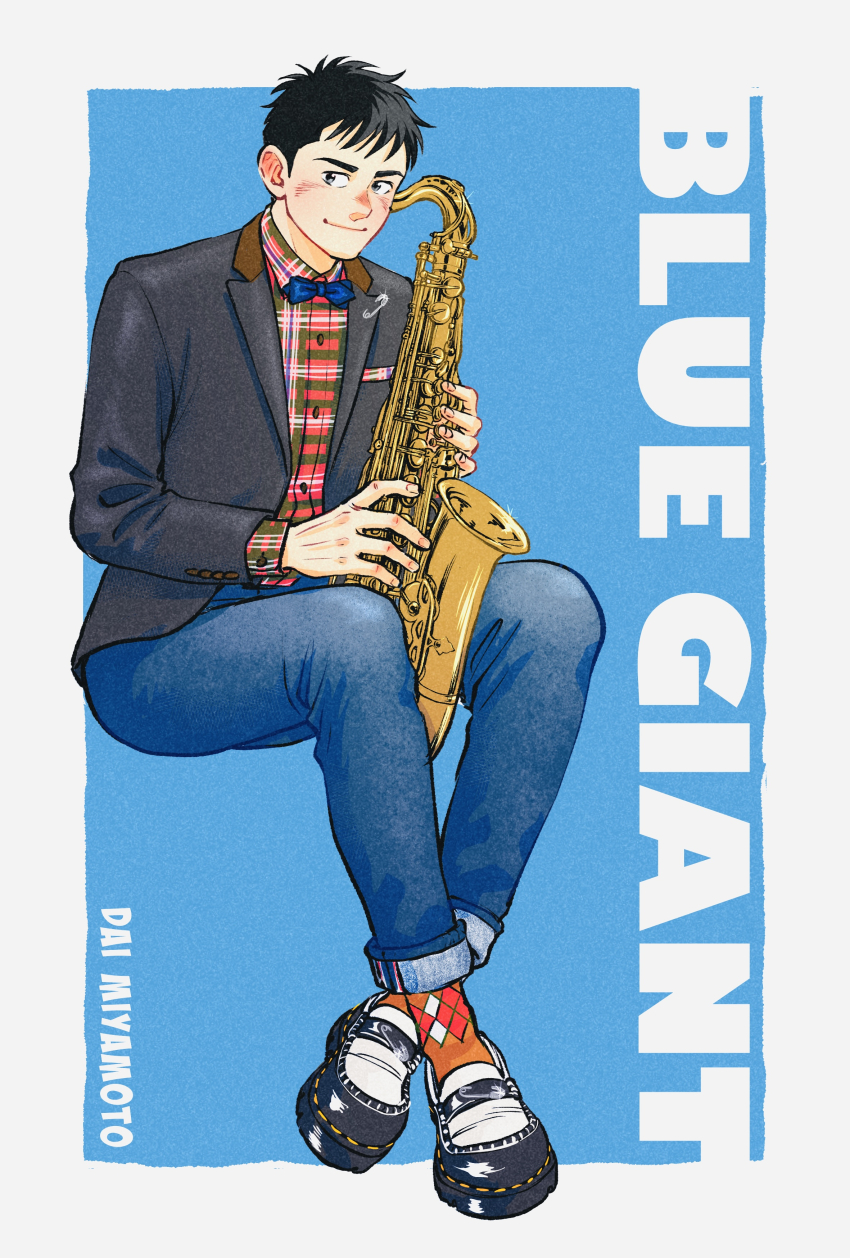 1boy, 3kaku_mimi, absurdres, argyle_clothes, argyle_legwear, black_jacket, blue_bow, blue_bowtie