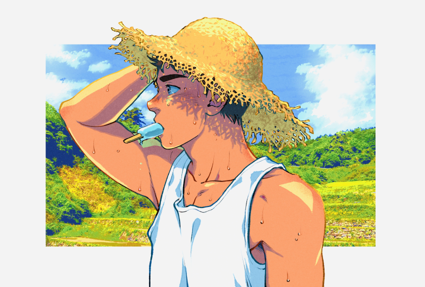 1boy, 3kaku_mimi, absurdres, arm_up, black_hair, blue_giant, day, food