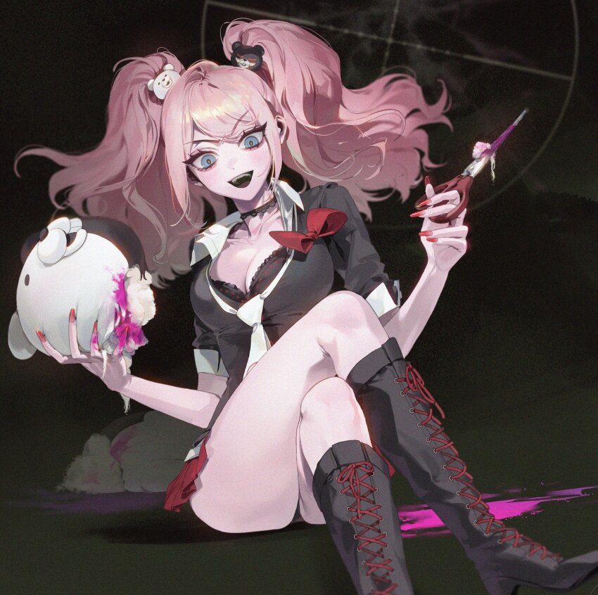 1girl, :d, absurdres, ass, baekryang, bear_hair_ornament, black_boots, black_choker, black_panties, black_shirt, blood, boots, bow, breasts, brown_background, choker, cleavage, collarbone, danganronpa:_trigger_happy_havoc, danganronpa_(series), enoshima_junko, gradient_background, hair_ornament, high_heel_boots, high_heels, highres, holding, holding_scissors, knees_up, large_breasts, monokuma, necktie, open_mouth, panties, pink_blood, red_bow, scissors, shirt, sitting, smile, solo, teeth, twintails, underwear, upper_teeth_only, white_necktie