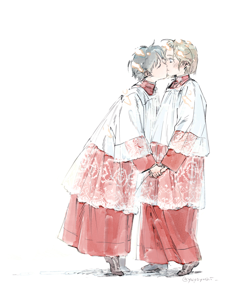 2boys, black_hair, brown_hair, cassock, child, christianity, commentary, face-to-face