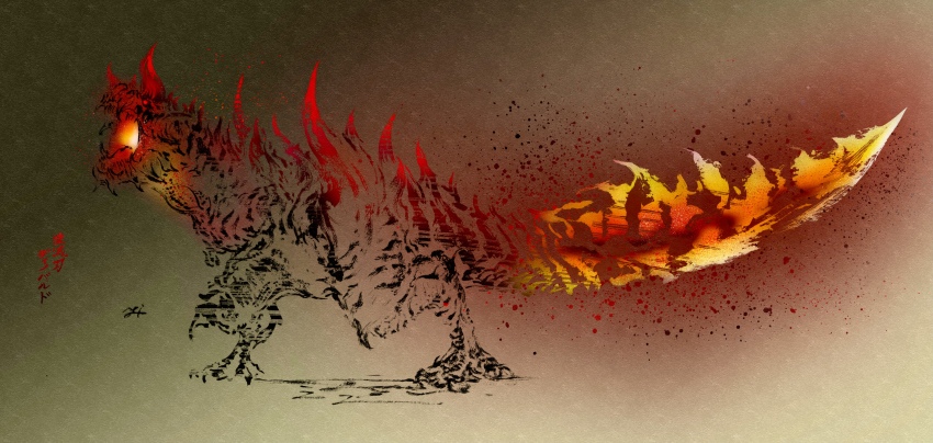 absurdres, apex_zinogre_(monster_hunter), calligraphy, deadpool_yuchan, digitigrade, dinosaur, embers, fire, full_body, glavenus, glowing, glowing_mouth, glowing_tail, gradient_background, hellblade_glavenus, highres, horns, monster, monster_focus, monster_hunter_(series), monster_hunter_x, open_mouth, partially_colored, red_eyes, sharp_tail, sharp_teeth, signature, spikes, sumi-e, tail, teeth