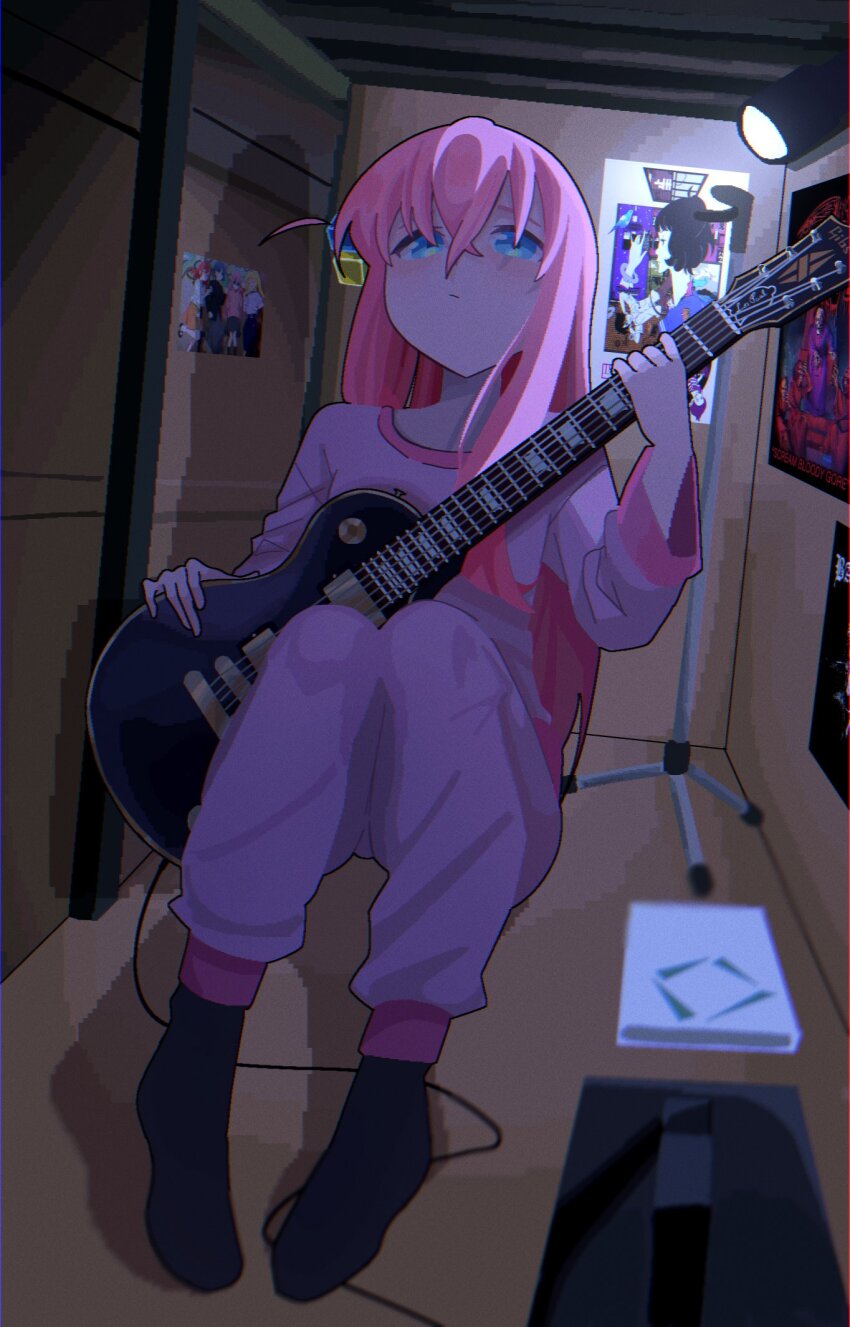 1girl, bathory_(band), black_socks, blue_eyes, bocchi_the_rock!, closet, death_(band), electric_guitar