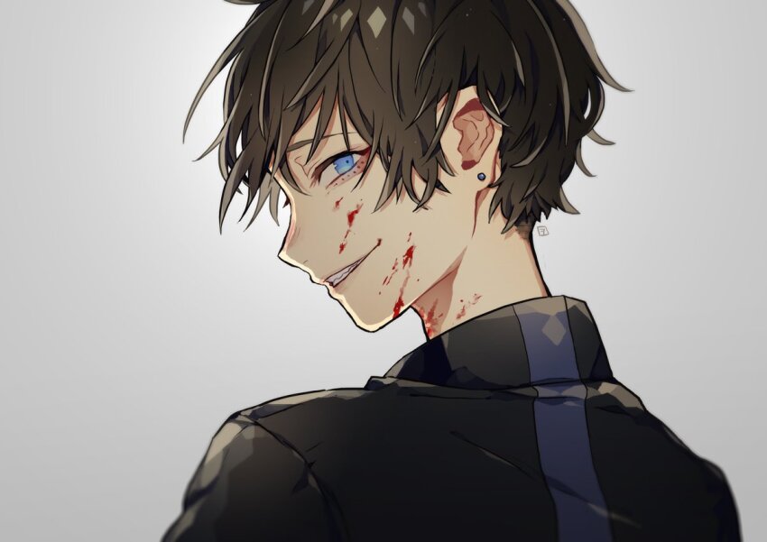 1boy, black_hair, black_shirt, blood, blood_on_face, blue_eyes, character_request, copyright_request