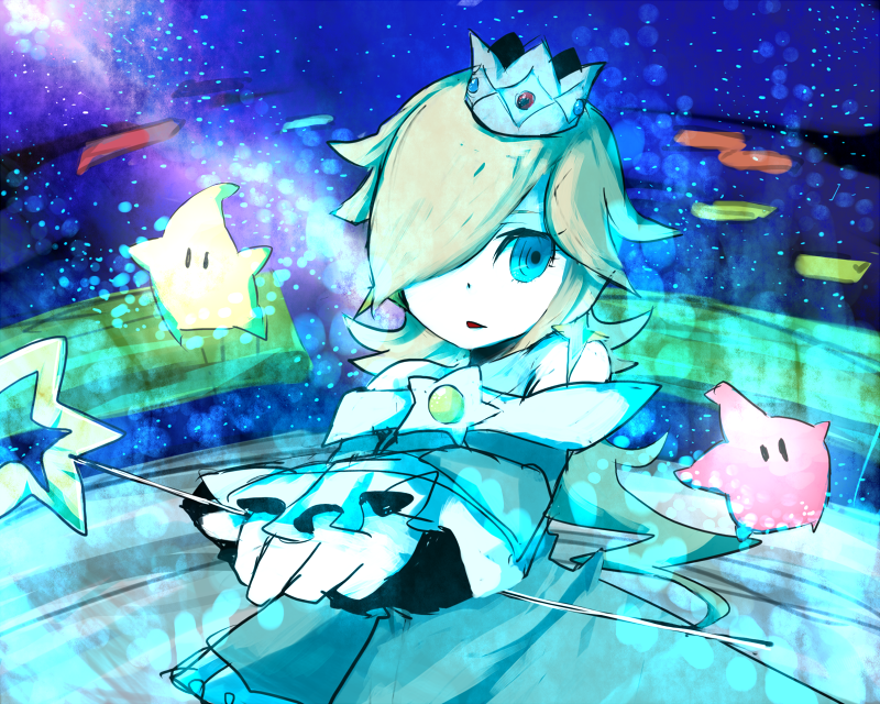 1girl, bad_id, bad_pixiv_id, blonde_hair, blue_eyes, crown, dress, female_focus, hair_over_one_eye, long_hair, luma_(mario), mario_(series), mini_crown, nintendo, planetarium, rosalina, solo, space, star_(symbol), super_mario_galaxy, tadano_shiroko, wand