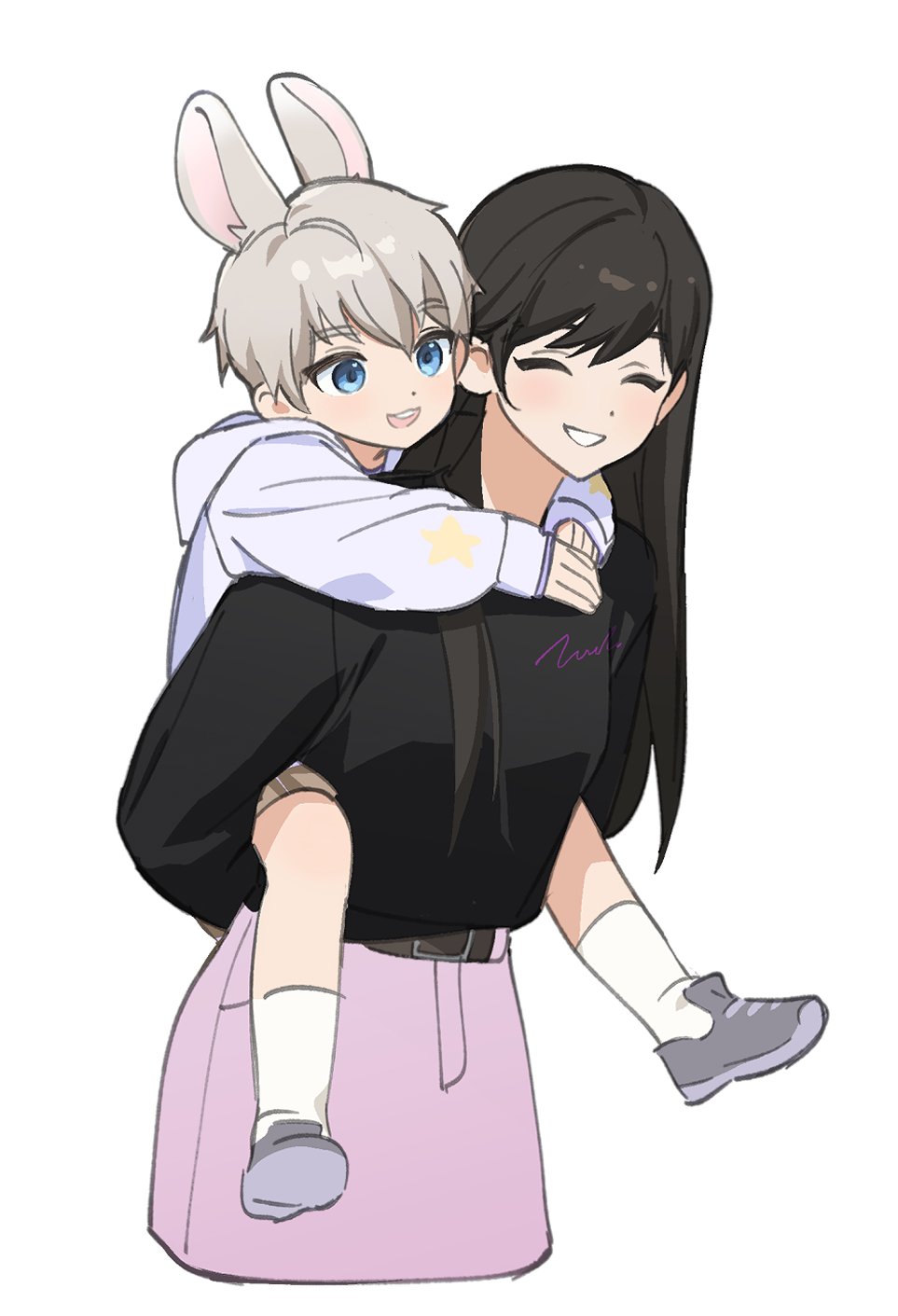 1boy, 1girl, aged_down, animal_ears, black_sweater, blue_eyes, carrying, child