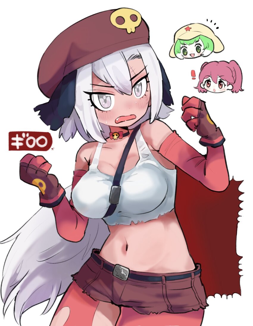 3girls, bare_shoulders, beret, black_choker, black_hair, blush, bow, bowtie