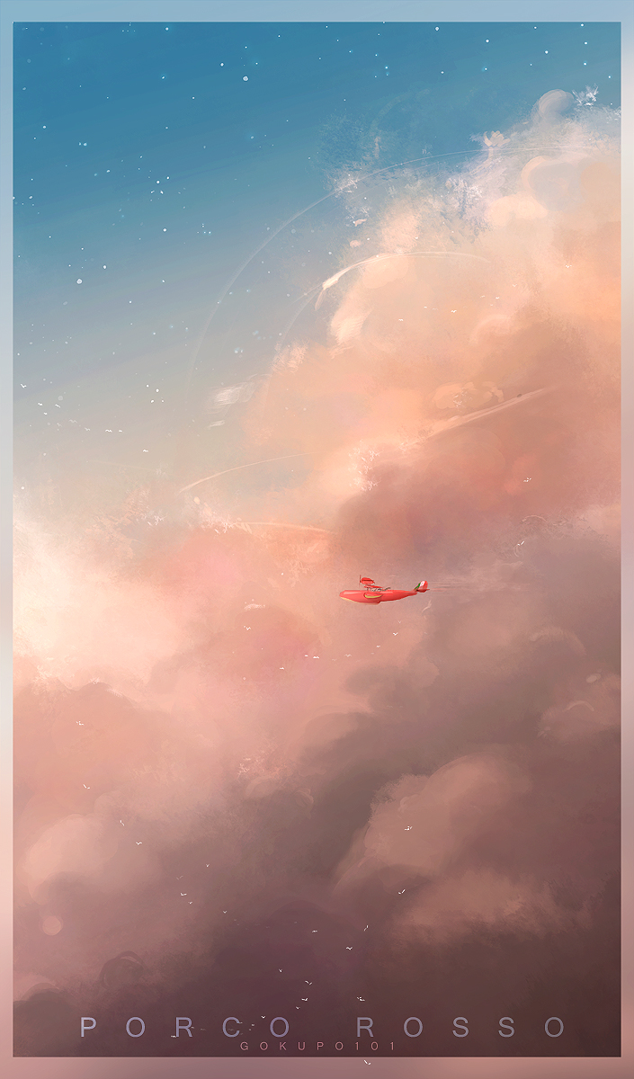 1boy, aircraft, airplane, artist_name, cloud, commentary, copyright_name, english_commentary, gokupo101, highres, kurenai_no_buta, porco_rosso_(character), scenery, sky, solo, star_(sky), studio_ghibli
