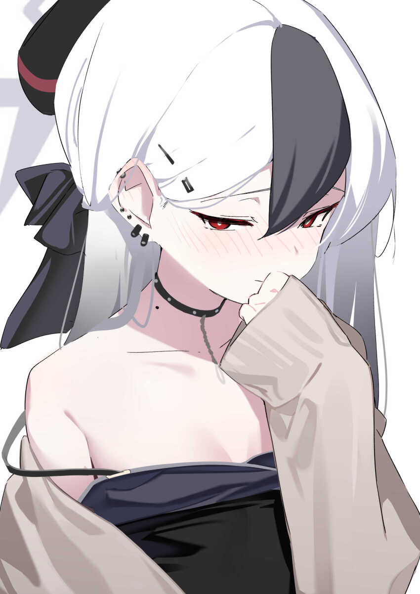 1girl, absurdres, bare_shoulders, black_bow, black_collar, black_dress, black_hair, black_horns