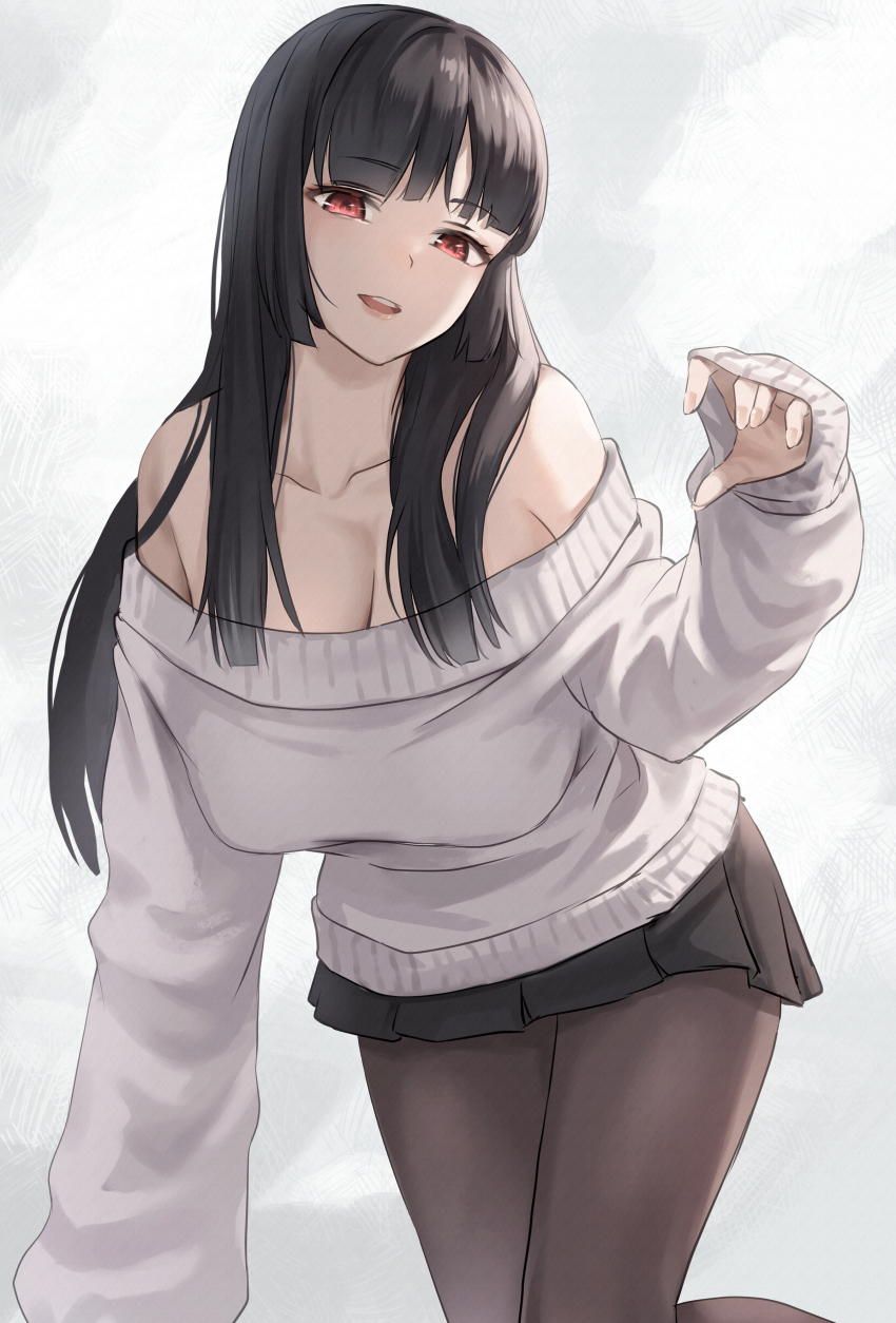 1girl, absurdres, all_fours, bare_shoulders, black_hair, black_skirt, blunt_bangs, blunt_ends