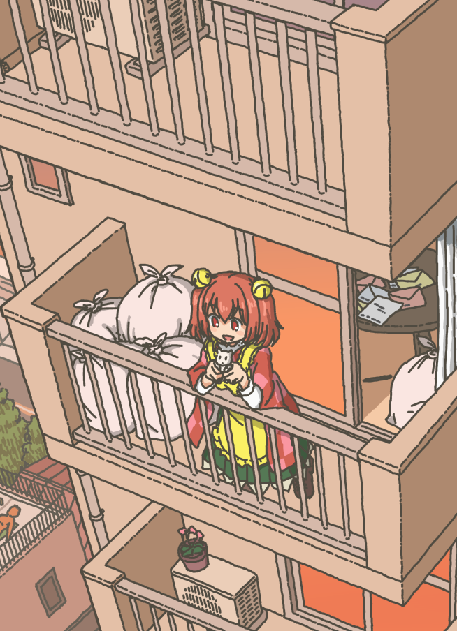 1boy, 1girl, apron, balcony, bell, cat, checkered_clothes, checkered_kimono