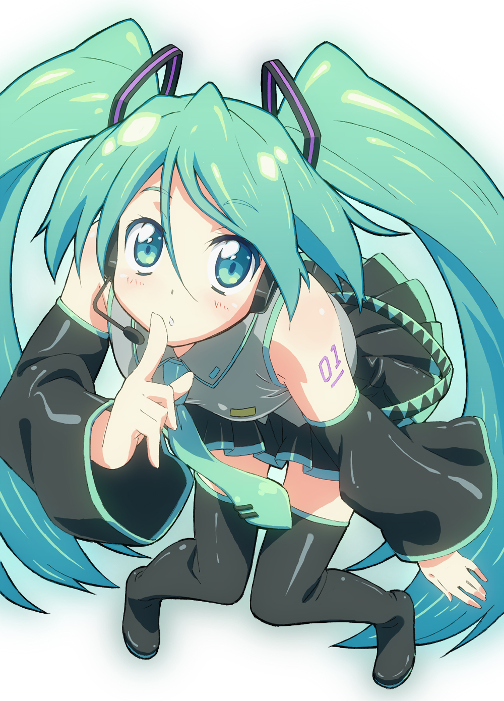 1girl, detached_sleeves, female_focus, finger_to_mouth, full_body, gradient_background, green_eyes, green_hair, hatsune_miku, headset, highres, long_hair, matching_hair/eyes, nagamori, necktie, shushing, simple_background, skirt, solo, thighhighs, twintails, very_long_hair, vocaloid, white_background