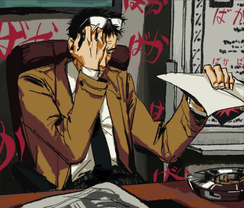 1boy, adjusting_eyewear, ashtray, black_eyes, black_hair, black_necktie, brown_coat, cigarette