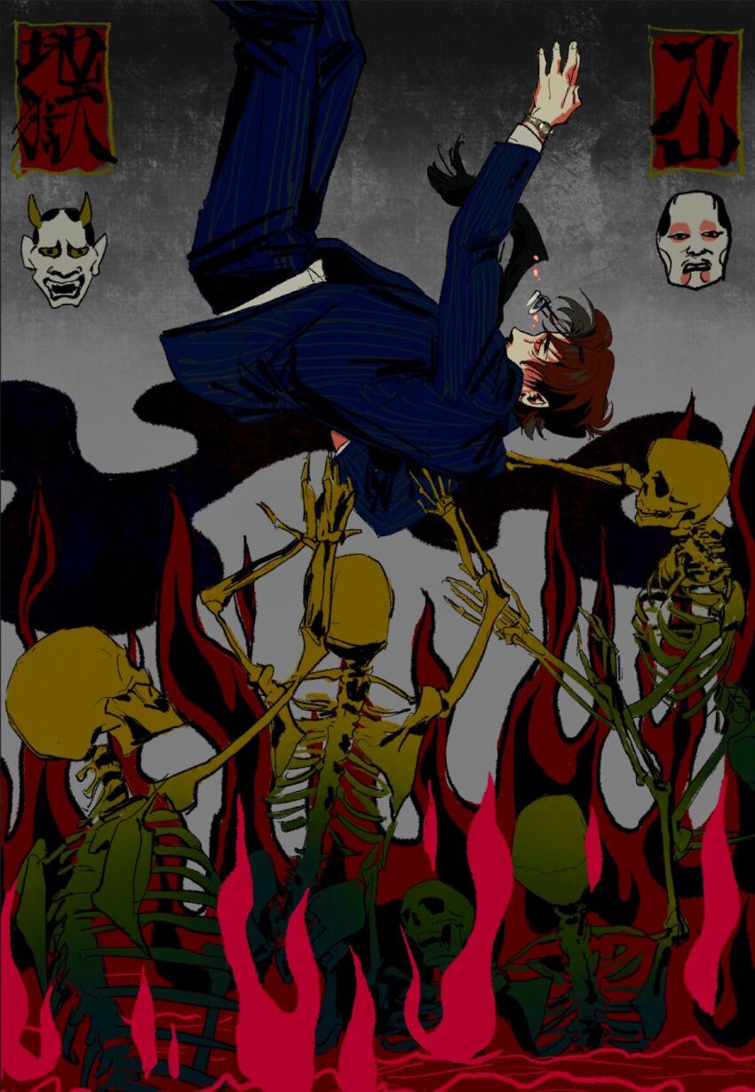 1boy, blue_jacket, blue_pants, brown_hair, chinese_commentary, commentary_request, falling, feet_out_of_frame