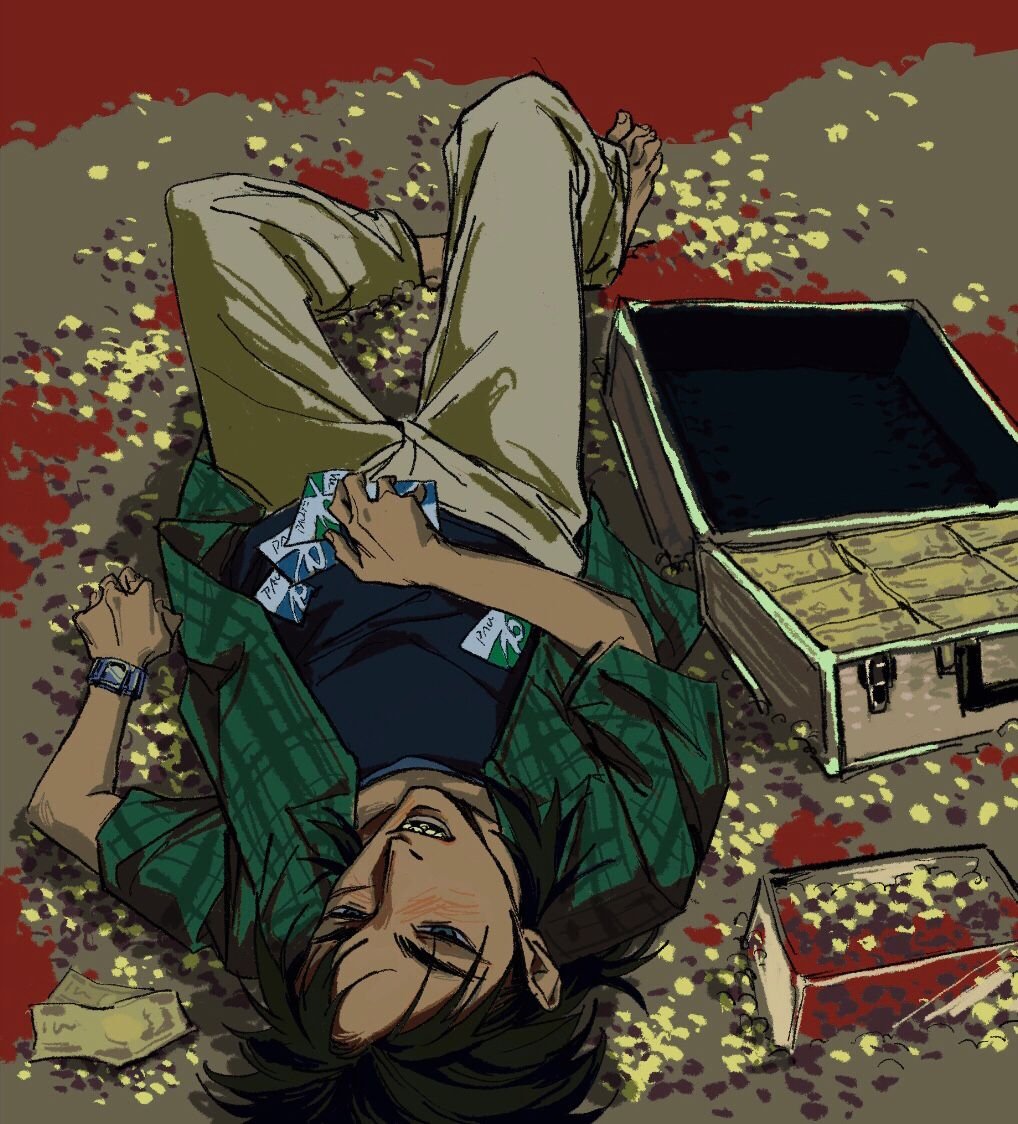 1boy, banknote, barefoot, black_hair, black_shirt, briefcase, brown_pants, credit_card