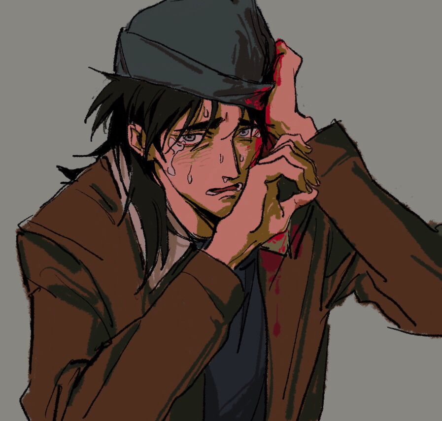 1boy, beanie, black_hair, blood, blood_on_clothes, blood_on_face, bomber_jacket, brown_jacket