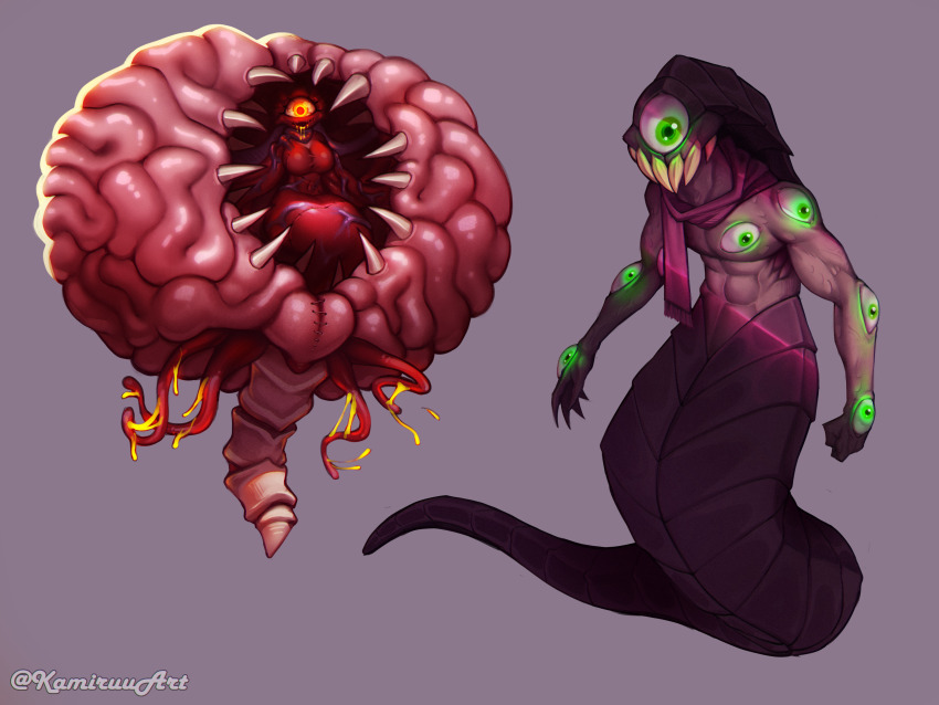 1boy, 1girl, absurdres, artist_name, brain, breasts, claws, colored_skin