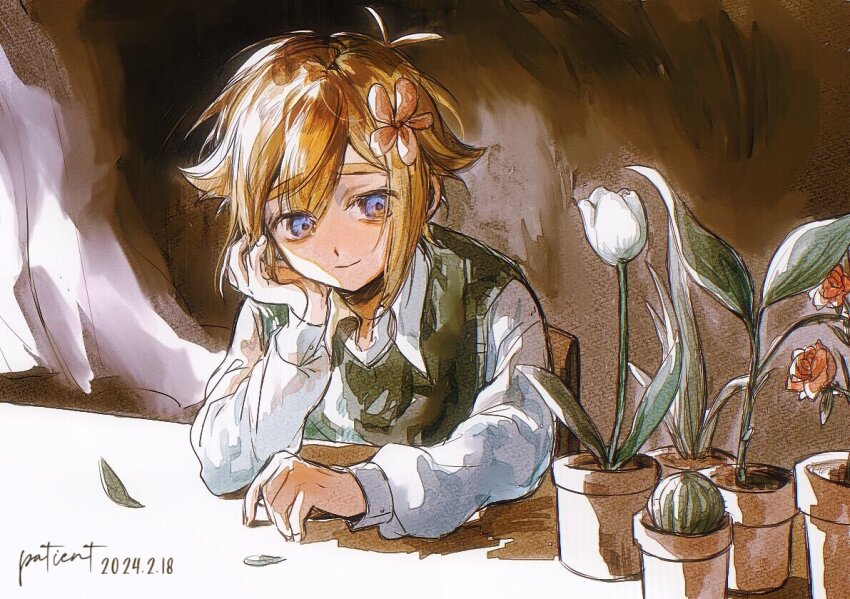 1boy, basil_(faraway)_(omori), basil_(omori), blonde_hair, blue_eyes, cactus, closed_mouth, collared_shirt, flower, green_sweater_vest, hair_flower, hair_ornament, long_sleeves, omori, patient51311752, plant, potted_plant, rose, shirt, short_hair, sitting, smile, solo, sweater_vest, tulip, white_shirt