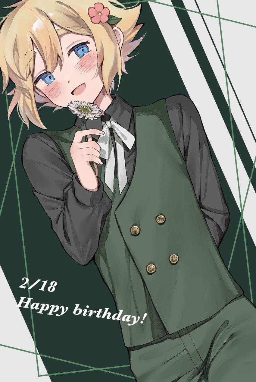 1boy, alternate_costume, basil_(faraway)_(omori), basil_(omori), black_shirt, blonde_hair, blue_eyes, blush