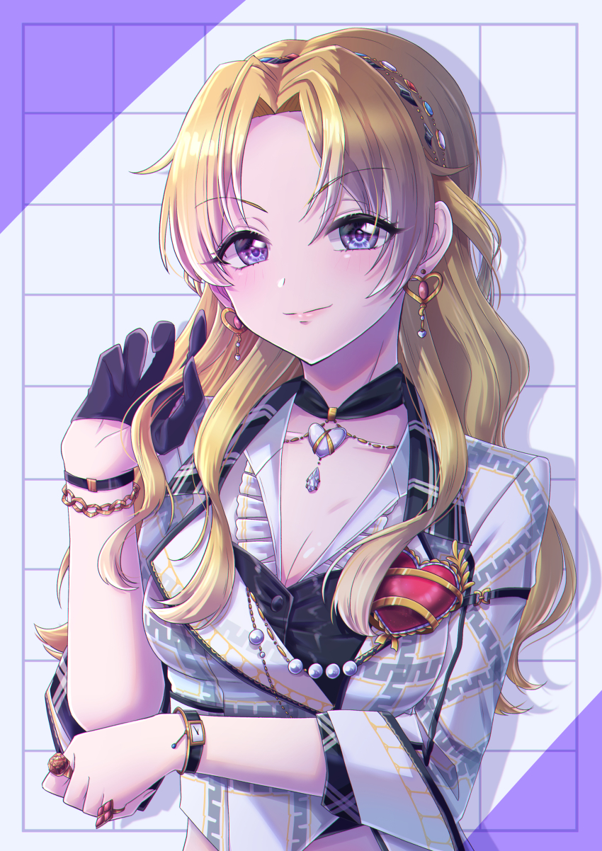 1girl, absurdres, black_choker, black_gloves, blonde_hair, blush, bracelet, breasts
