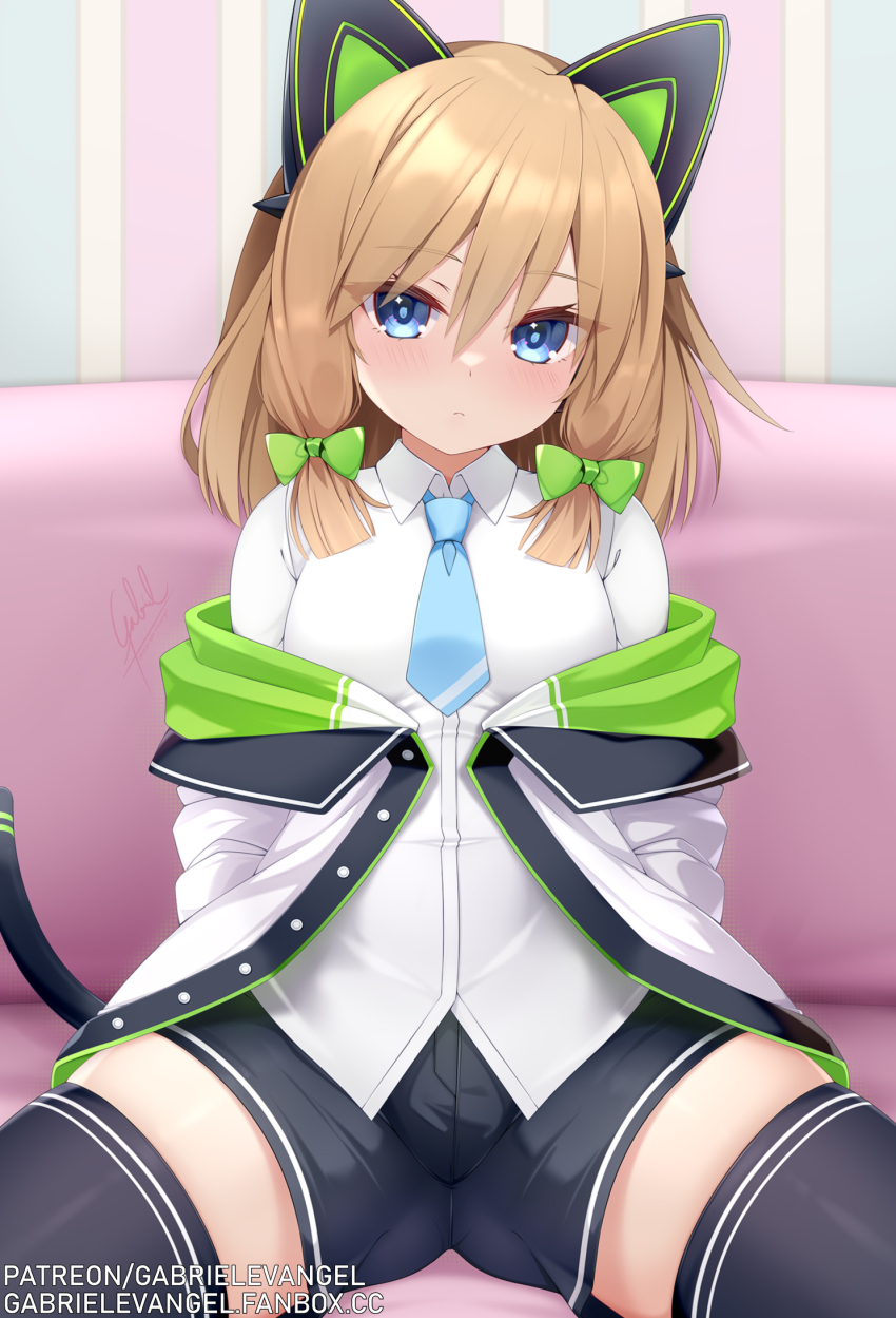 1girl, alternate_costume, alternate_hair_length, alternate_hairstyle, animal_ears, arms_behind_back, black_shorts, blue_archive