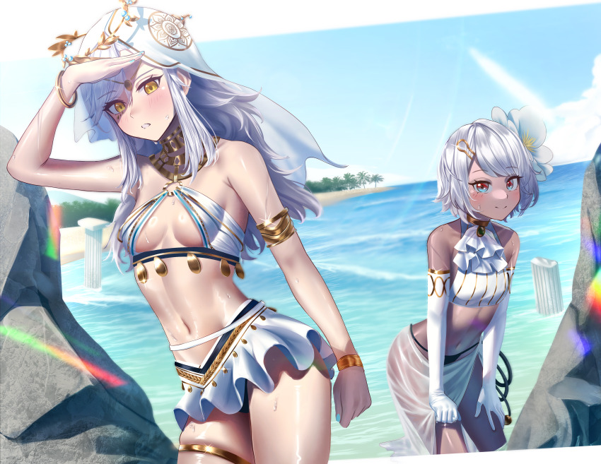2girls, absurdres, alchemy_stars, armlet, ascot, beach, bikini, blue_eyes, carleen_(alchemy_stars), character_request, check_copyright, commission, copyright_request, dark-skinned_female, dark_skin, flower, gloves, grey_hair, hair_flower, hair_ornament, hairclip, highres, jewelry, laurel_crown, manjo_(warito), multicolored_eyes, multiple_girls, navel, ocean, orange_eyes, pixiv_commission, punishing:_gray_raven, red_eyes, sophia:_silverfang_(mandala_dance)_(pgr), sophia_(pgr), swimsuit, thighlet, two-tone_eyes, veil, white_ascot, white_gloves, white_veil