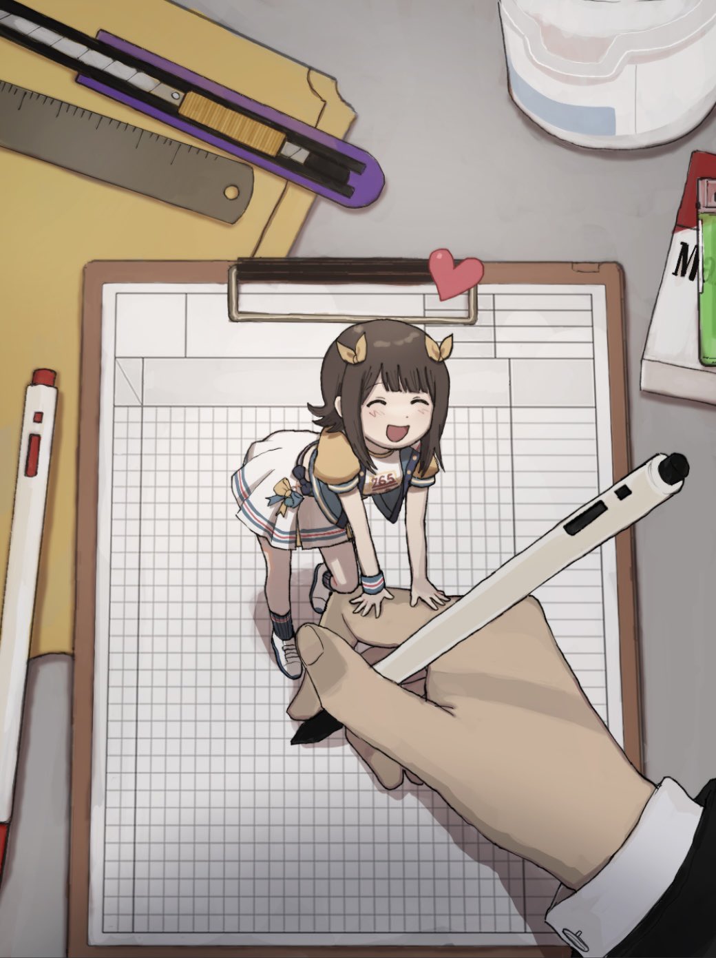 1girl, 8_8ghost, :d, ^_^, amami_haruka, black_sleeves, black_socks, blunt_bangs, blush, box, boxcutter, brown_hair, cardigan, clipboard, closed_eyes, dot_nose, eyelashes, flipped_hair, foot_up, green_eyes, grey_cardigan, hair_ribbon, heart, highres, idolmaster, idolmaster_(classic), idolmaster_million_live!, idolmaster_million_live!_theater_days, layered_sleeves, leaning_on_person, light_blush, marlboro, mini_person, minigirl, open_cardigan, open_clothes, open_mouth, paper, pen, pov, pov_hands, puffy_short_sleeves, puffy_sleeves, raglan_sleeves, ribbon, ruler, shirt, short_sleeves, sidelocks, skirt, smile, socks, white_skirt, white_sleeves, writing, yellow_ribbon, yellow_shirt