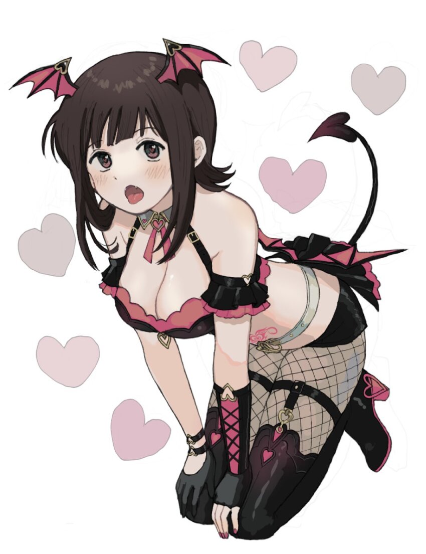 1girl, 8_8ghost, amami_haruka, armband, belt, black_armband, black_gloves, black_shirt, black_skirt, blunt_bangs, blush, boots, breasts, brown_hair, cleavage, crop_top, demon_girl, demon_tail, demon_wings, detached_collar, dot_nose, eyelashes, fangs, fingerless_gloves, fishnet_pantyhose, fishnets, flipped_hair, frilled_armband, frills, gloves, green_eyes, hair_ornament, heart, heart-shaped_pupils, high_heels, highres, idolmaster, idolmaster_(classic), idolmaster_million_live!, idolmaster_million_live!_theater_days, large_breasts, midriff, official_alternate_costume, open_mouth, pantyhose, pink_nails, pubic_tattoo, shirt, sidelocks, single_fingerless_glove, skirt, symbol-shaped_pupils, tail, tattoo, thigh_boots, thigh_strap, tongue, tongue_out, white_belt, wing_hair_ornament, wings, wristband