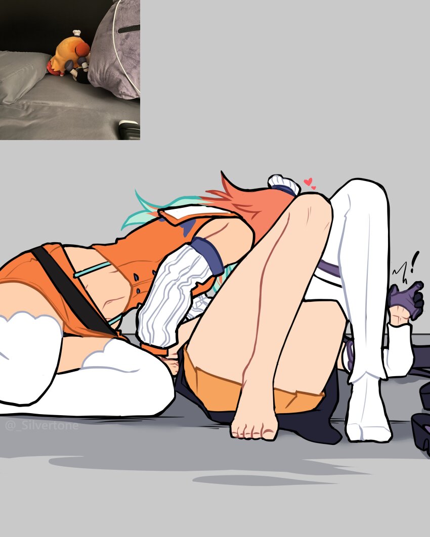 2girls, absurdres, arm_warmers, character_doll, chef_hat, doll, gloves, grey_background, highres, hololive, hololive_english, implied_kiss, midriff, mini_chef_hat, mini_hat, multiple_girls, navel, ninomae_ina'nis, orange_hair, photo-referenced, rei_(_silvertone), single_thighhigh, takanashi_kiara, thighhighs, virtual_youtuber, yuri
