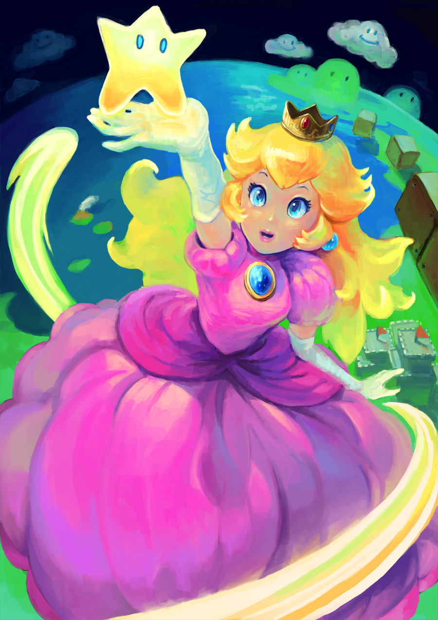 1girl, arm_up, black_sky, block_(object), blonde_hair, blue_eyes, brooch, castle, cloud, commentary, crown, dress, earrings, elbow_gloves, eyelashes, flag, full_body, gibudo, gloves, gold_headwear, grass, highres, hill, holding, holding_star, jewelry, lipstick, long_dress, long_hair, looking_at_viewer, lower_teeth_only, makeup, mario_(series), midair, mini_crown, night, nintendo, ocean, open_mouth, outdoors, outstretched_arm, pink_dress, pink_lips, pink_sleeves, princess_peach, puffy_short_sleeves, puffy_sleeves, short_sleeves, sky, smile, solo, sphere_earrings, star_(symbol), super_mario_bros._1, super_star_(mario), teeth, white_gloves