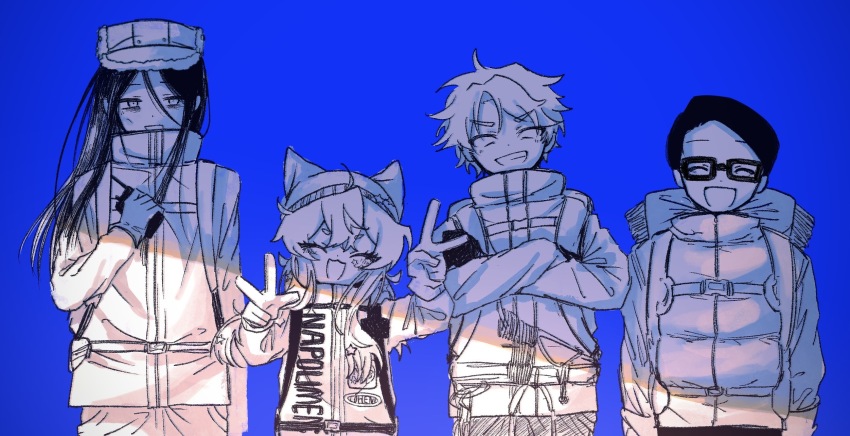 1girl, 3boys, :3, ^_^, animal_ear_headwear, animal_ears, backpack, bag, bags_under_eyes, beanie, blank_eyes, blue_background, chest_strap, closed_eyes, copyright_name, crossed_arms, down_jacket, ebetan_(napoli_no_otokotachi), facing_viewer, fake_animal_ears, floating_hair, fur-trimmed_headwear, fur_trim, glasses, gloves, greyscale_with_colored_background, grin, hair_between_eyes, hat, highres, holding, holding_walkie-talkie, jacket, kyouki_sanmyaku_~jashin_no_itadaki~, lineup, long_hair, long_sleeves, looking_at_viewer, multiple_boys, napoli_no_otokotachi, open_mouth, parka, shiumi_saburou, short_hair, simple_background, smile, standing, star_(symbol), star_sticker, sticker, sticker_on_face, sugiyama_tetsushin, suuno_kamibukuro, swept_bangs, trapper_hat, turtleneck, turtleneck_jacket, v, v-shaped_eyebrows, w, walkie-talkie, yagiyama_(napoli_no_otokotachi)