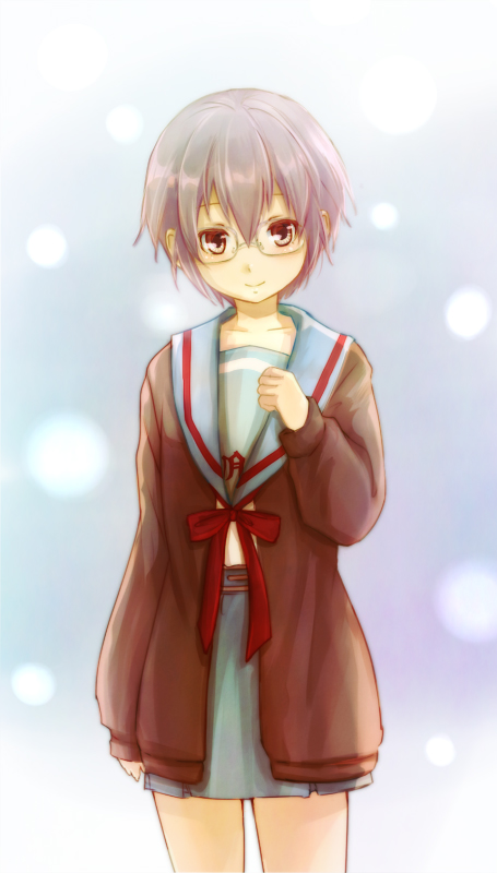 10s, brown_eyes, cardigan, glasses, grey_hair, kaja, nagato_yuki, purple_hair