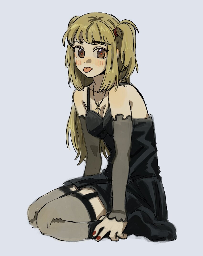 96a5b0, amane_misa, bare_shoulders, black_dress, blonde_hair, brown_eyes, death_note, dress, garter_straps, grey_background, highres, jewelry, light_blush, necklace, red_nails, seiza, sitting, tongue, tongue_out