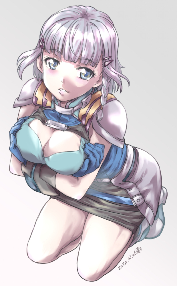 1girl, blue_eyes, blush, braid, breasts, cleavage, gloves, grey_hair