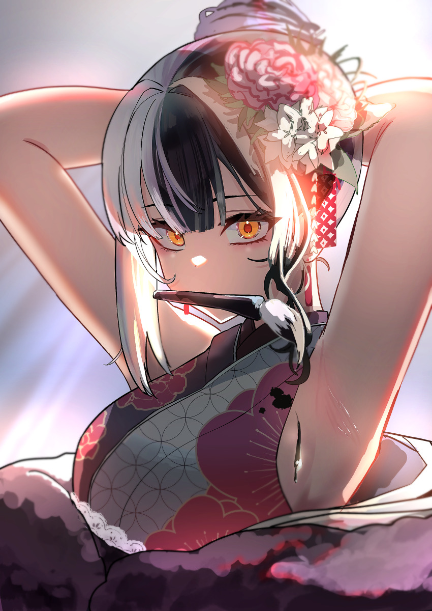 1girl, absurdres, armpits, arms_behind_head, arms_up, black_hair, black_kimono, calligraphy_brush