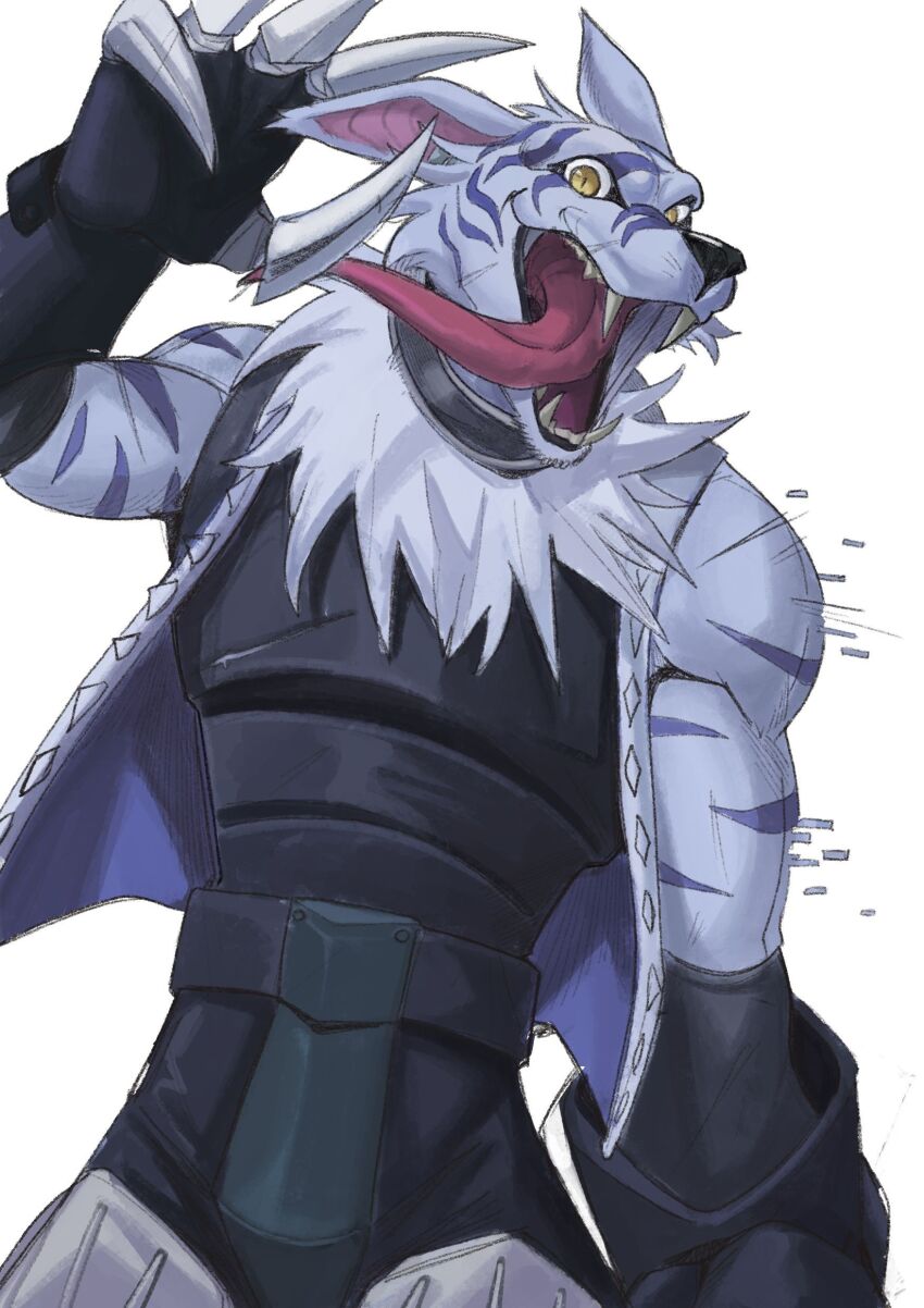 1boy, absurdres, digimon, digimon_(creature), furry, highres, male_focus, sharp_teeth, solo, teeth, tongue, tongue_out, weregarurumon, weregarurumon_x-antibody, wolf_boy