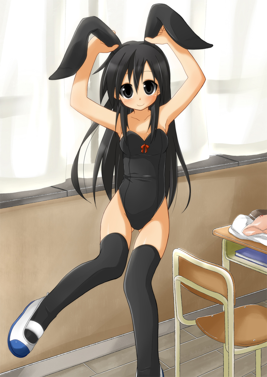 1girl, animal_ears, black_eyes, black_hair, desk, fake_animal_ears, female_focus, highres, long_hair, md5_mismatch, misspromise, original, playboy_bunny, rabbit_ears, resolution_mismatch, school_desk, shoes, solo, source_smaller, thighhighs, uwabaki, window