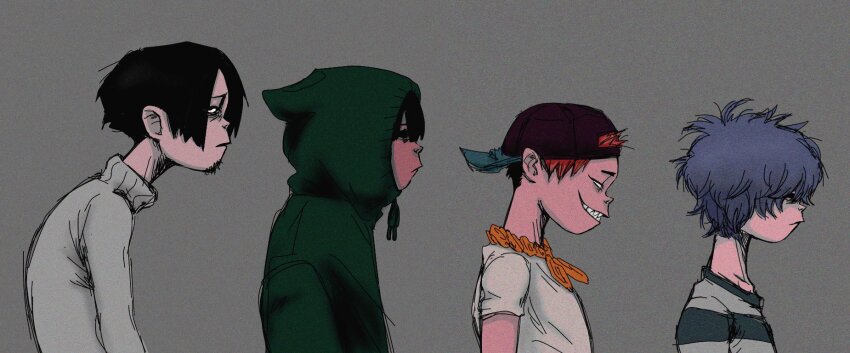 4boys, backwards_hat, bags_under_eyes, bandana, bandana_around_neck, baseball_cap, black_eyes, black_hair