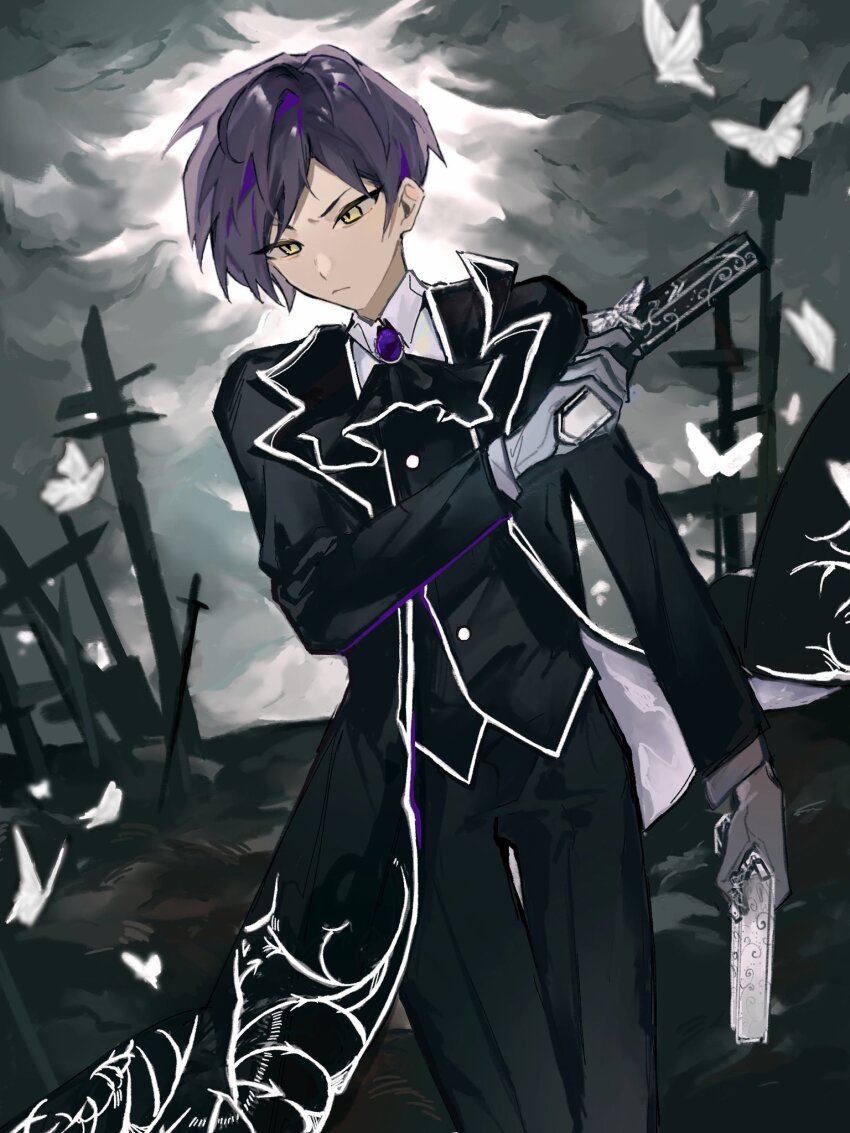 1boy, bug, butterfly, e.g.o_(project_moon), funeral_of_the_dead_butterflies, gun, highres, holding, holding_gun, holding_weapon, insect, kyohee83, library_of_ruina, male_focus, project_moon, purple_hair, solemn_lament_(e.g.o), solo, weapon, yellow_eyes, yesod_(project_moon)