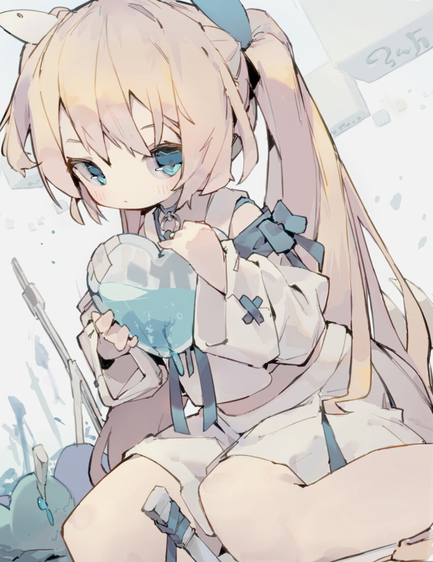 1girl, absurdres, air_bubble, aqua_eyes, aqua_ribbon, bandaid_on_object, blonde_hair, bubble