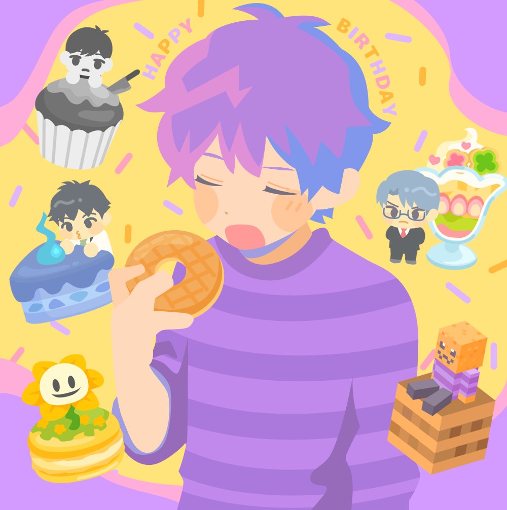 5boys, asymmetrical_sleeves, cake, cake_slice, character_request, check_character, chibi, chibi_inset