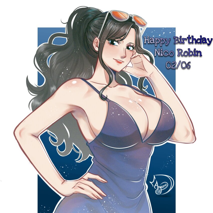 1girl, anyumii136, black_hair, blue_background, blue_dress, blue_eyes, breasts, character_name, cleavage, commentary, cowboy_shot, dress, english_commentary, eyewear_on_head, hand_on_own_hip, happy_birthday, highres, large_breasts, looking_at_viewer, nico_robin, nico_robin_(dressrosa), one_piece, ponytail, sidelocks, signature, smile, solo