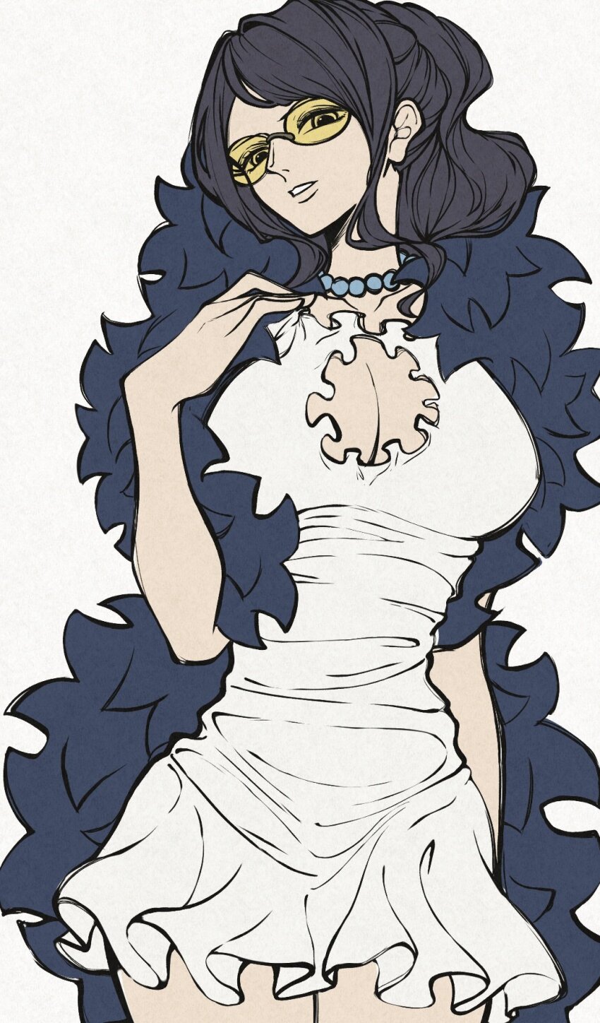 02mikan, 1girl, black_hair, breasts, cleavage, commentary_request, cowboy_shot, dress, highres, jewelry, looking_down, necklace, nico_robin, one_piece, one_piece_film:_gold, ponytail, short_dress, sidelocks, simple_background, solo, sunglasses, tinted_eyewear, white_background, white_dress, yellow-tinted_eyewear