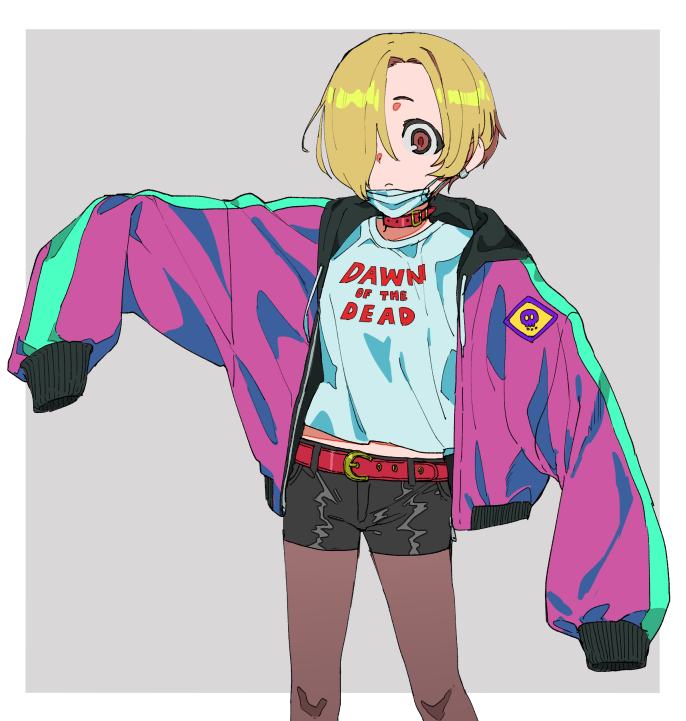 1girl, belt, blonde_hair, brown_eyes, clothes_writing, collar, ear_piercing, expressionless