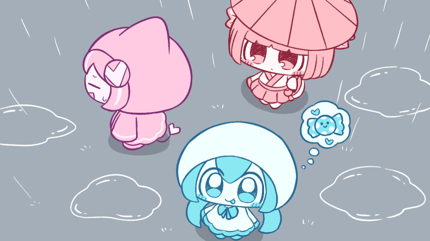 3girls, amedama_(vocaloid), aqua_eyes, aqua_hair, aqua_leggings, aqua_tongue, arms_at_sides, blunt_bangs